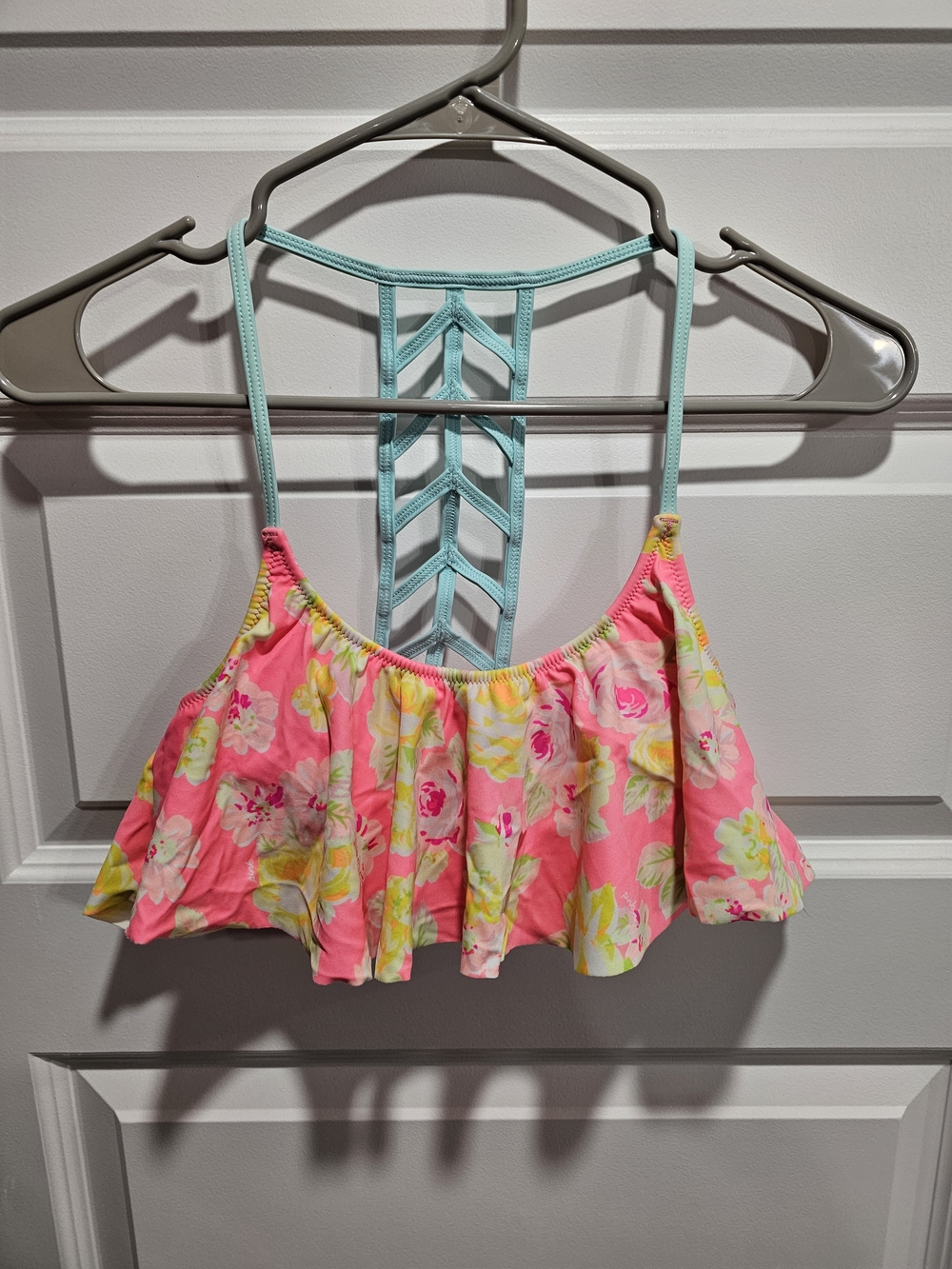 PINK Victoria's Secret Neon Pink Floral Bikini Top with Aqua Straps